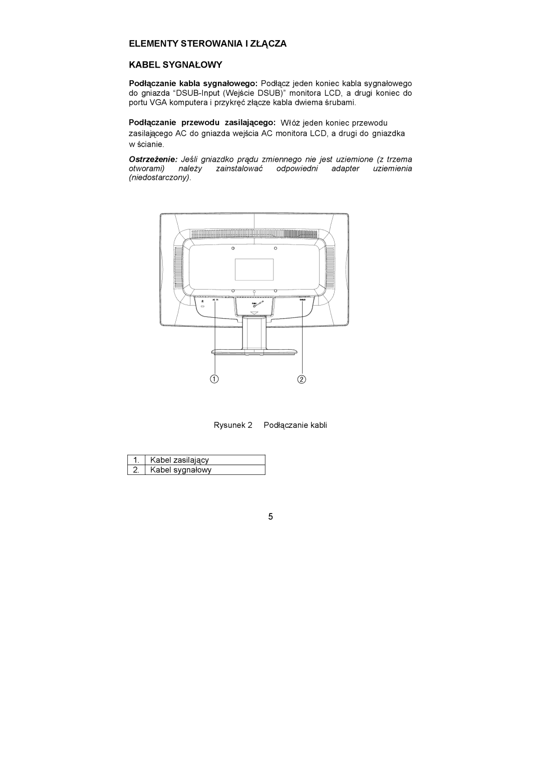 Dell D1901N user manual Elementy Sterowania I Złącza Kabel Sygnałowy 