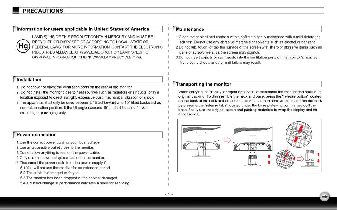 Dell D1920F manual Power connection, Maintenance, Transporting the monitor 