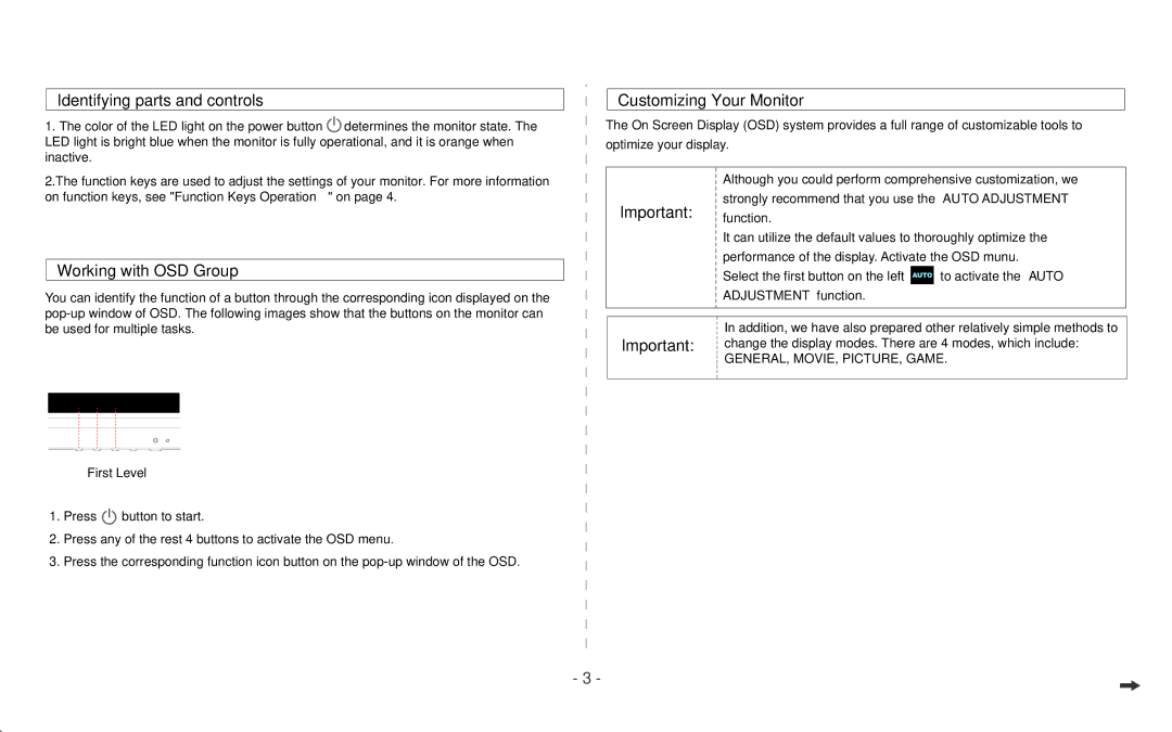 Dell D1920F manual Identifying parts and controls, Working with OSD Group, Customizing Your Monitor 