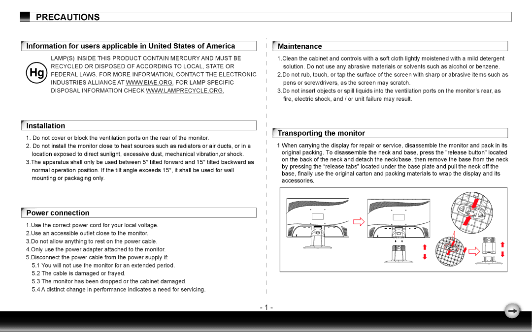 Dell D1920F user manual Power connection, Maintenance, Transporting the monitor 