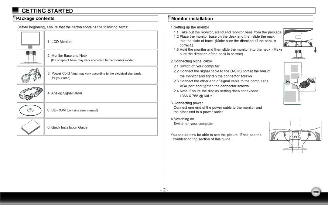 Dell D1920F user manual Package contents, Monitor installation 