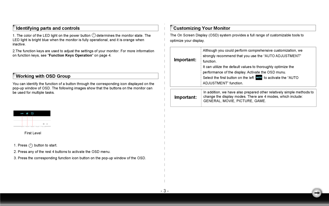 Dell D1920F user manual Identifying parts and controls, Working with OSD Group, Customizing Your Monitor 