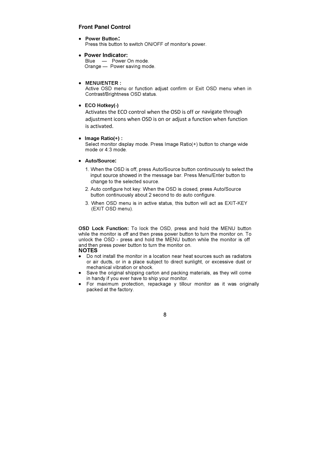 Dell D2201R user manual Front Panel Control, Power Indicator 