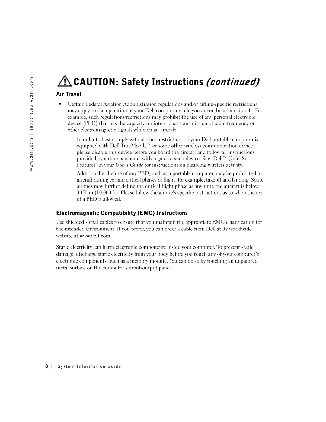 Dell D400 manual Air Travel, Electromagnetic Compatibility EMC Instructions 