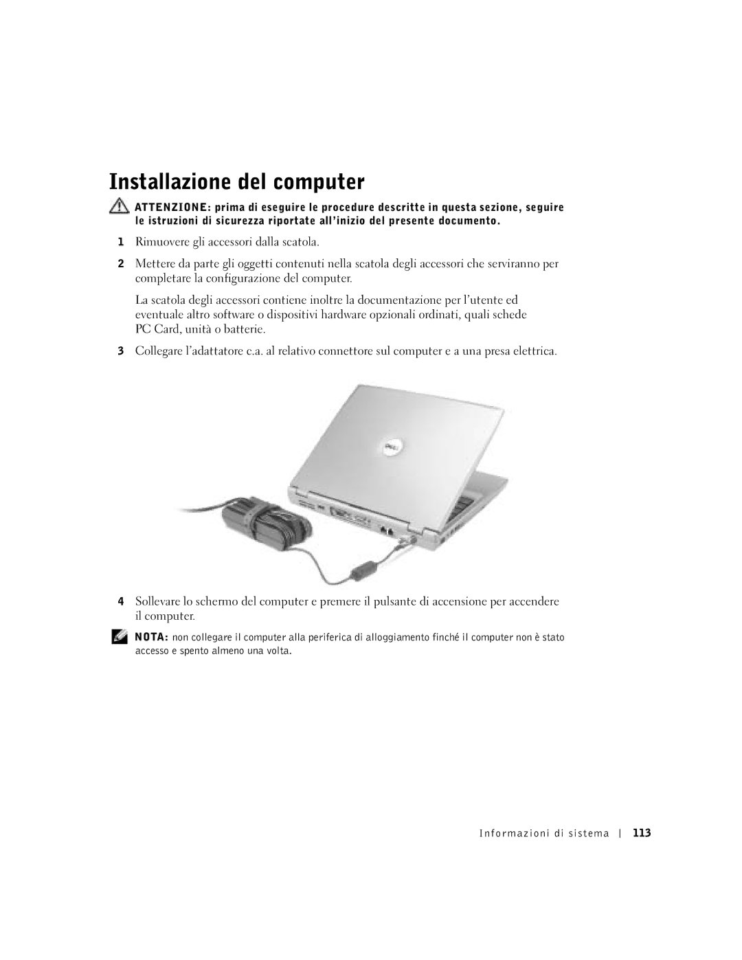 Dell D400 manual Installazione del computer 