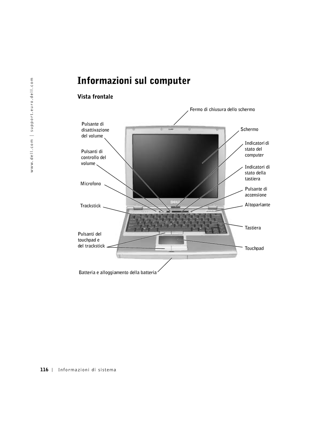 Dell D400 manual Informazioni sul computer, Vista frontale 