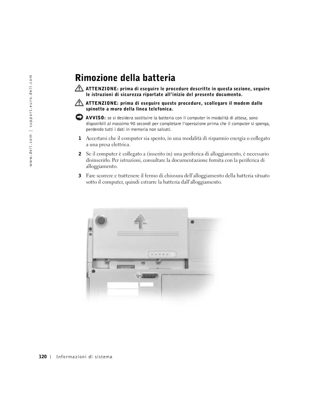 Dell D400 manual Rimozione della batteria, Informazioni di sistema 