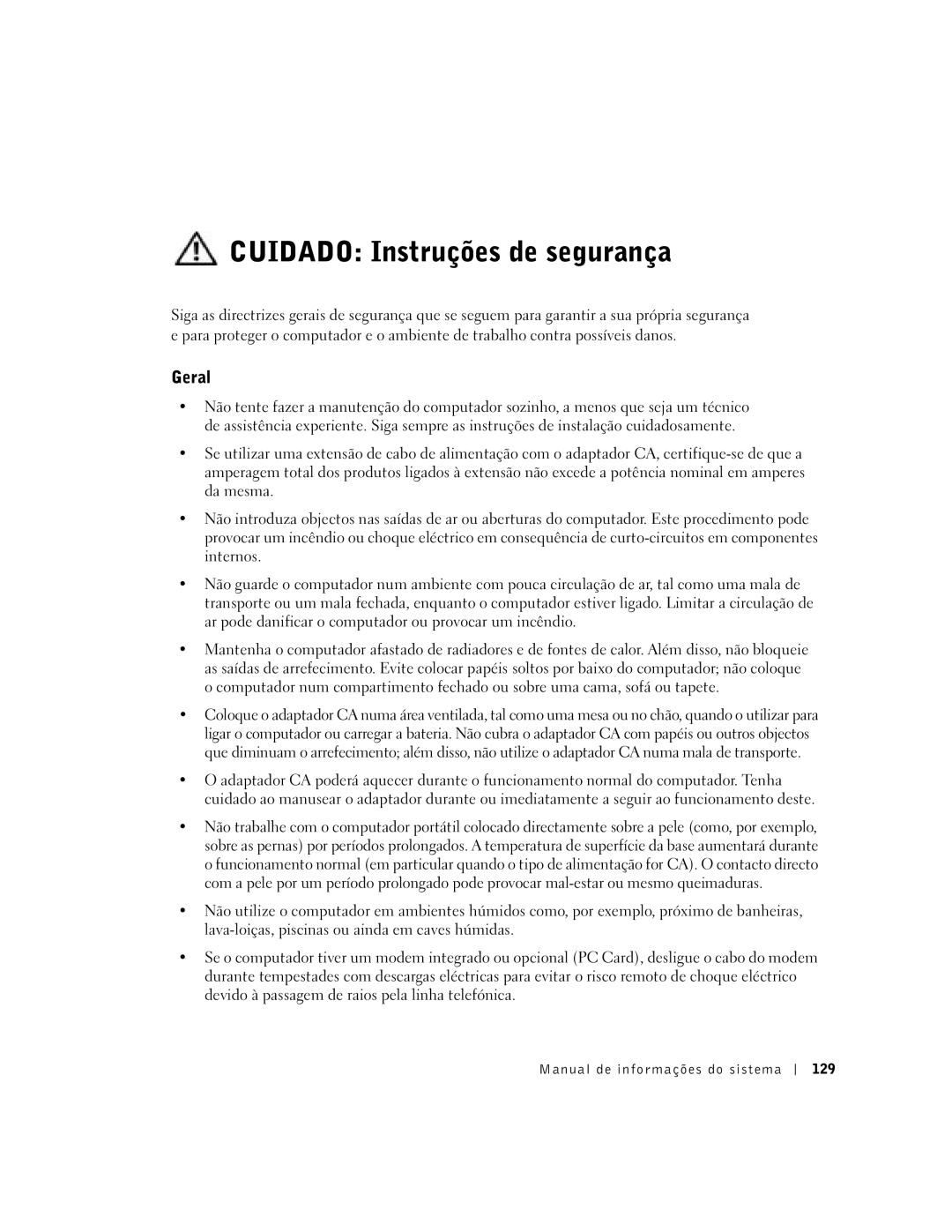 Dell D400 manual Cuidado Instruções de segurança, Geral, Manual de informações do sistema 129 