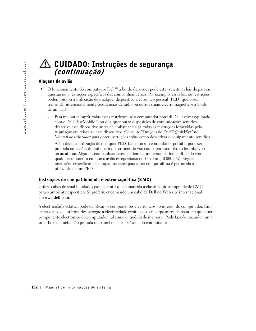 Dell D400 manual Viagens de avião, Instruções de compatibilidade electromagnética EMC, Manual de informações do sistema 