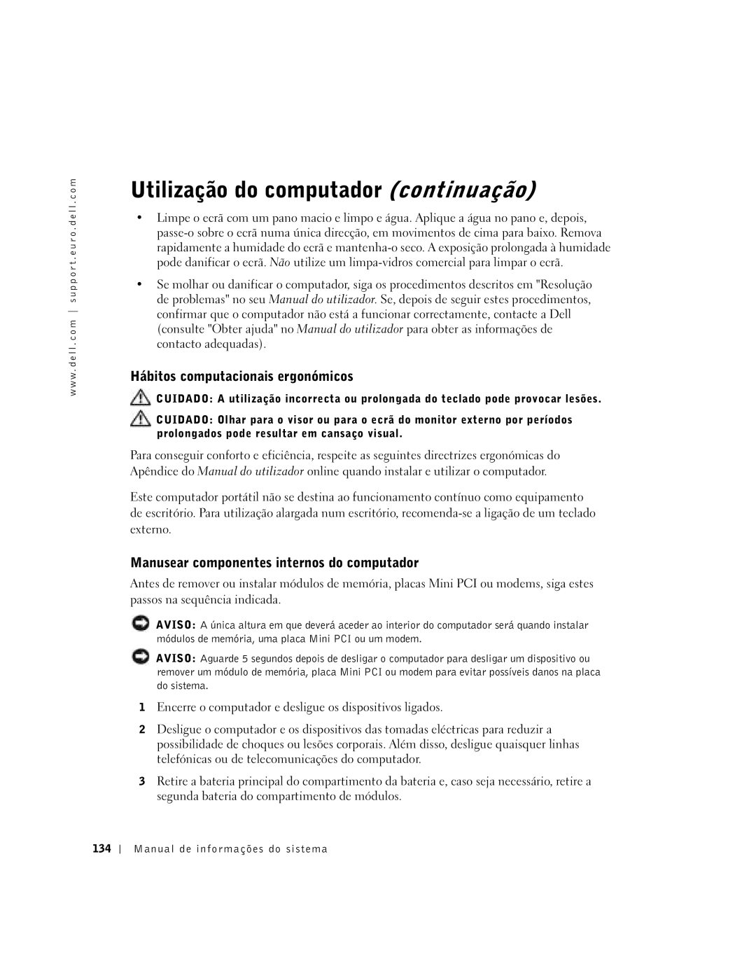 Dell D400 manual Utilização do computador continuação, Hábitos computacionais ergonómicos, Manual de informações do sistema 