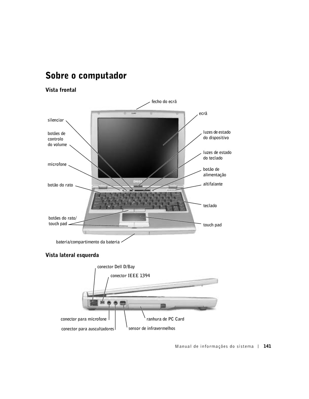 Dell D400 manual Sobre o computador, Vista frontal, Vista lateral esquerda, Fecho do ecrã Silenciar 