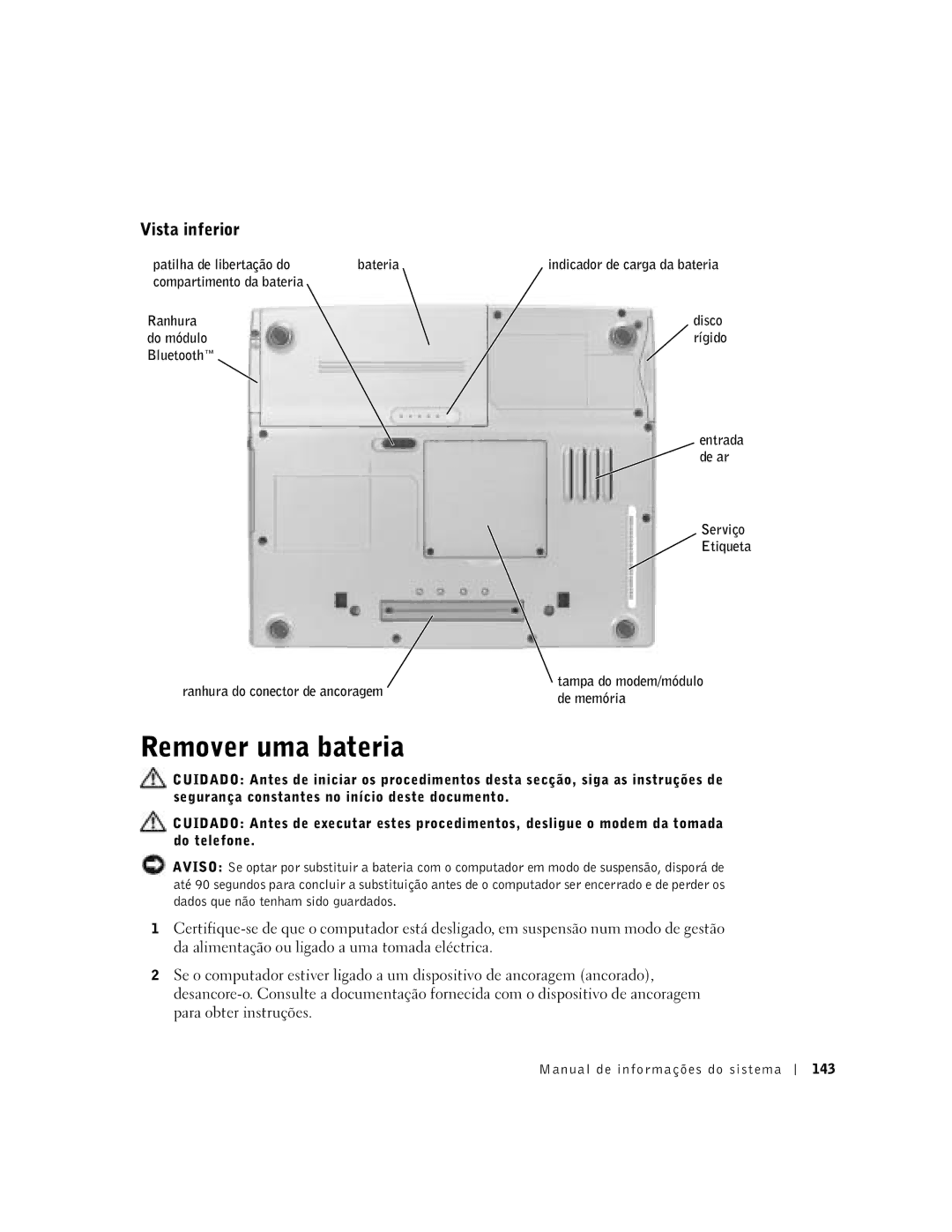 Dell D400 manual Remover uma bateria, Vista inferior, Patilha de libertação do, Compartimento da bateria 