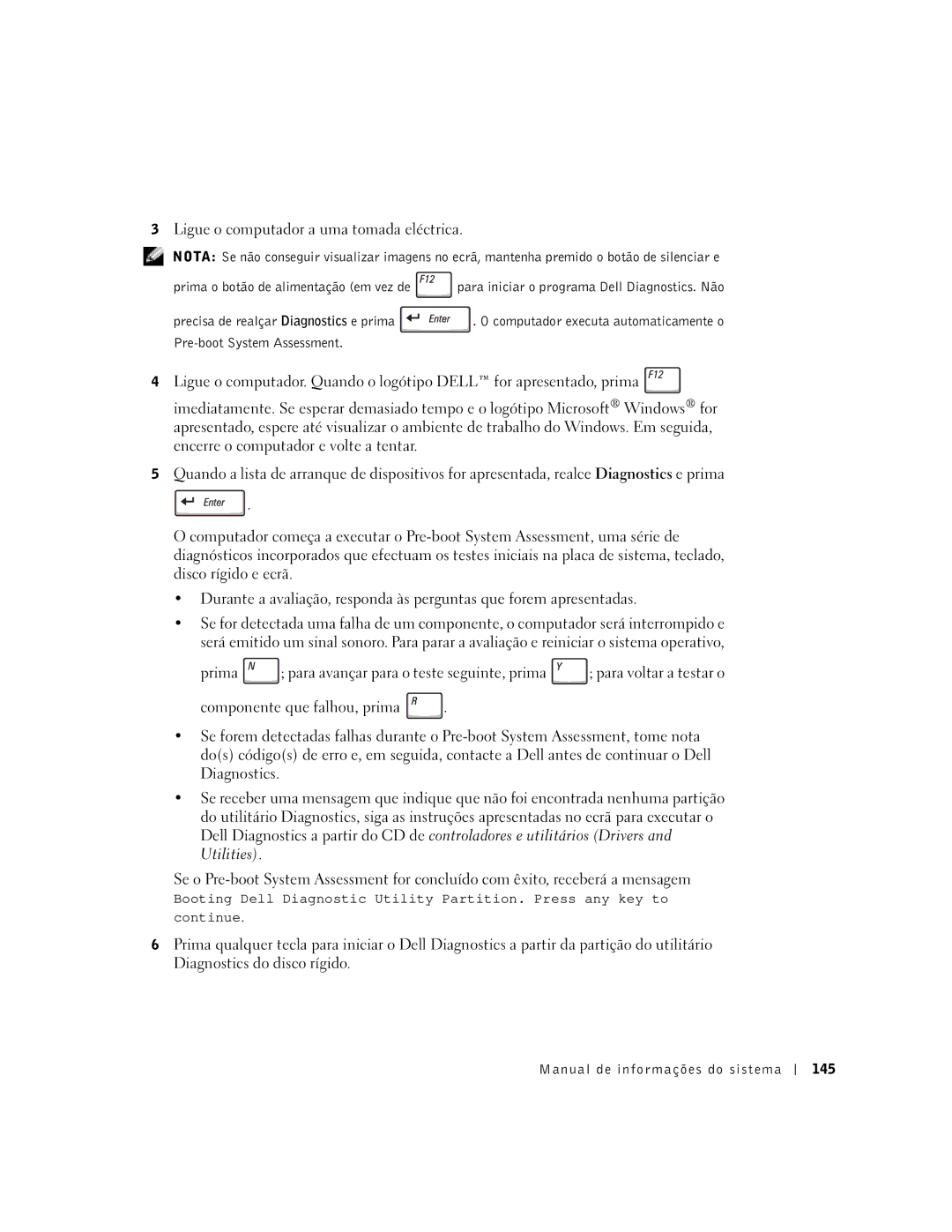 Dell D400 manual Ligue o computador a uma tomada eléctrica, Manual de informações do sistema 145 