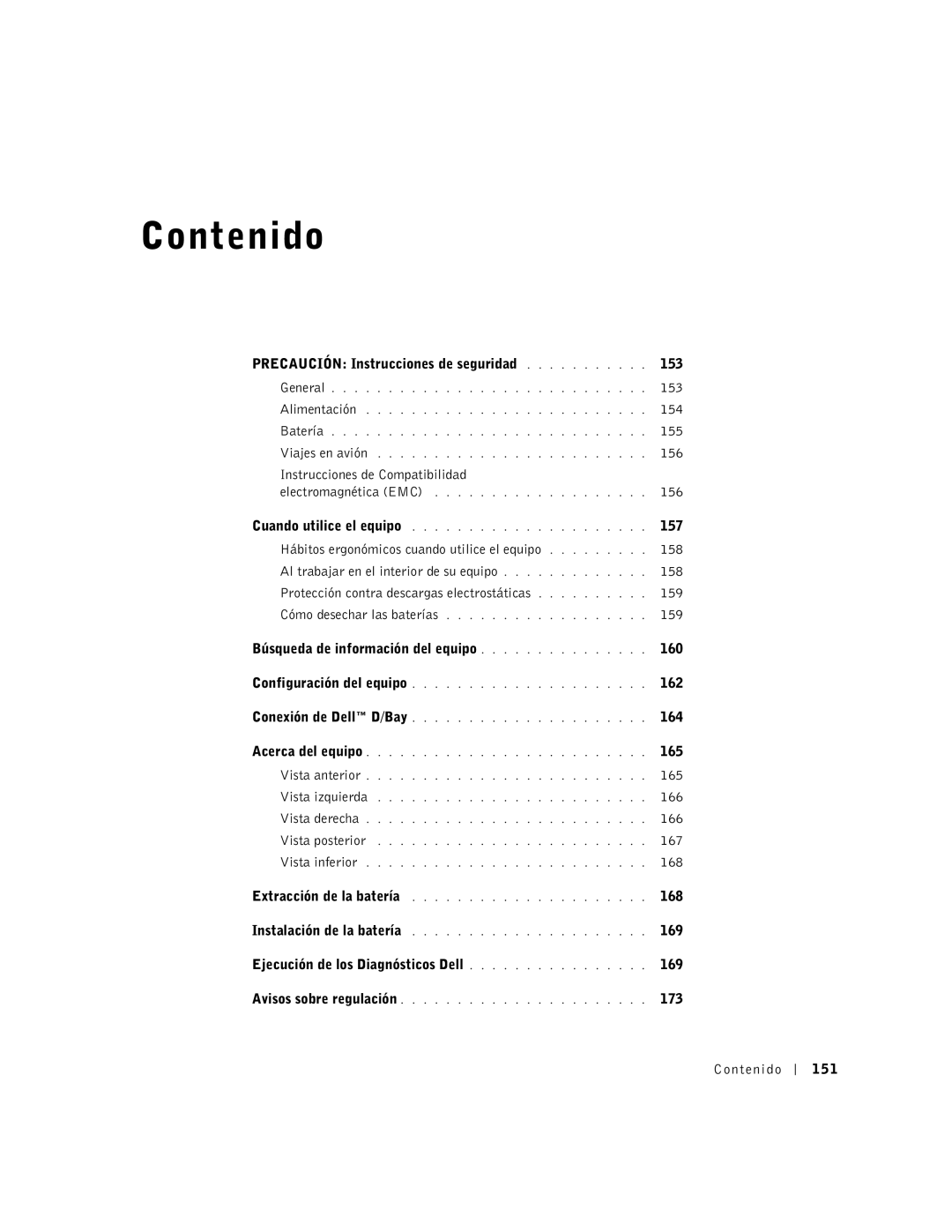 Dell D400 Precaución Instrucciones de seguridad 153, 154, 155, 156, Instrucciones de Compatibilidad, 157, 162, 164, 165 