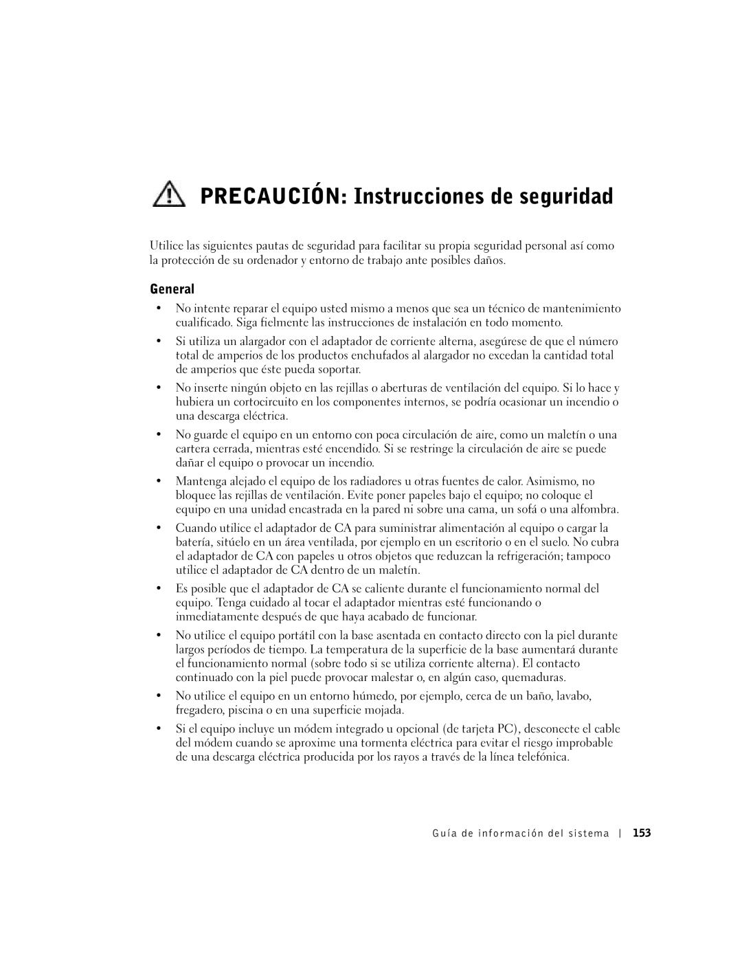 Dell D400 manual Precaución Instrucciones de seguridad, Guía de información del sistema 153 