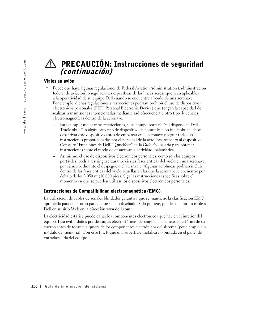 Dell D400 manual Viajes en avión, Instrucciones de Compatibilidad electromagnética EMC, 156 Guía de información del sistema 