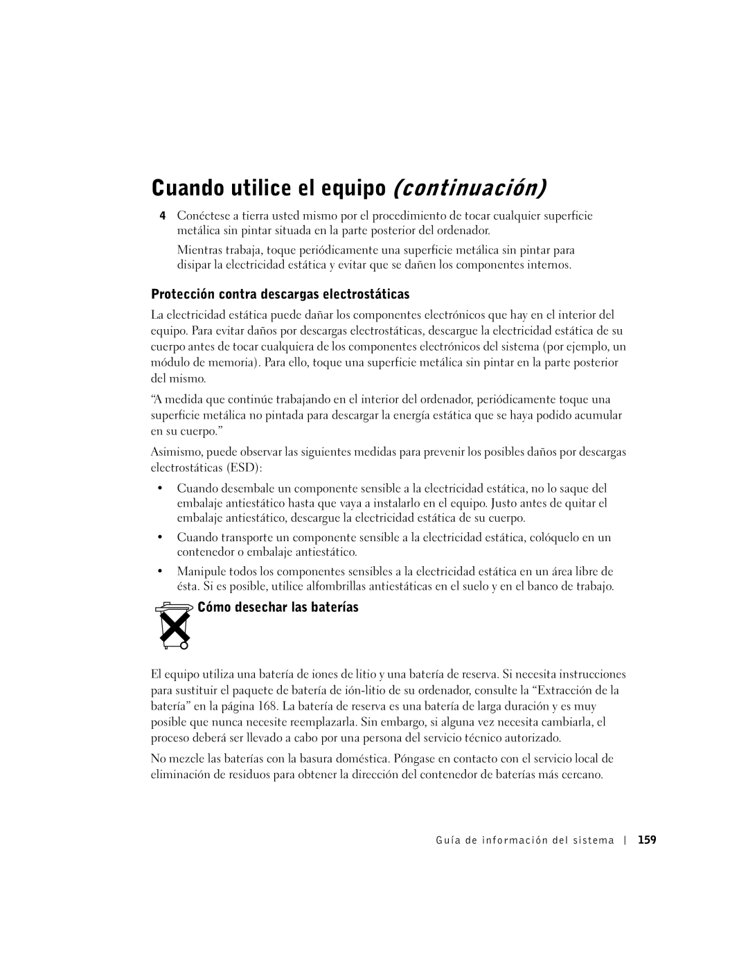 Dell D400 Protección contra descargas electrostáticas, Cómo desechar las baterías, Guía de información del sistema 159 