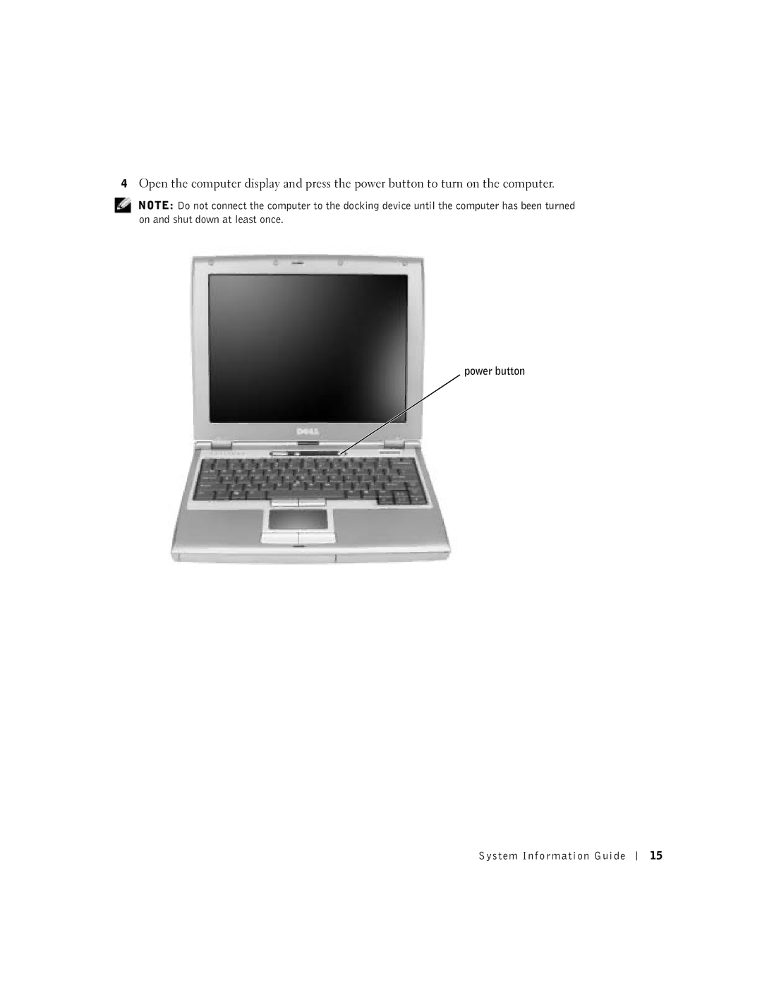 Dell D400 manual Power button System Information Guide 