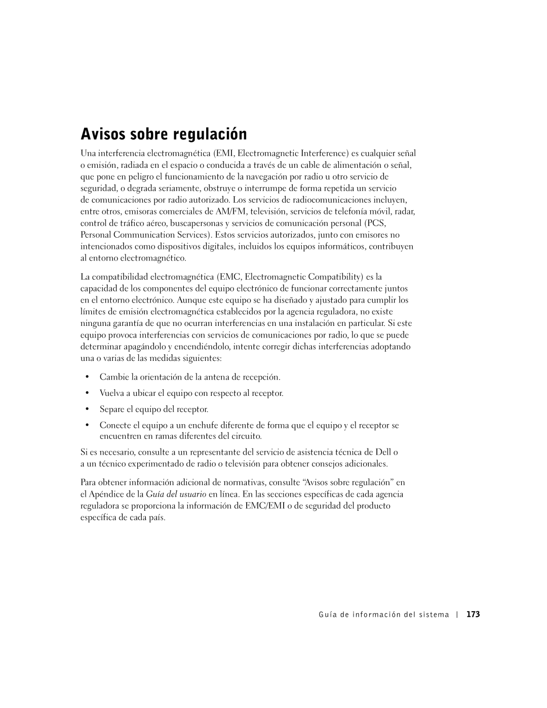 Dell D400 manual Avisos sobre regulación, Guía de información del sistema 173 