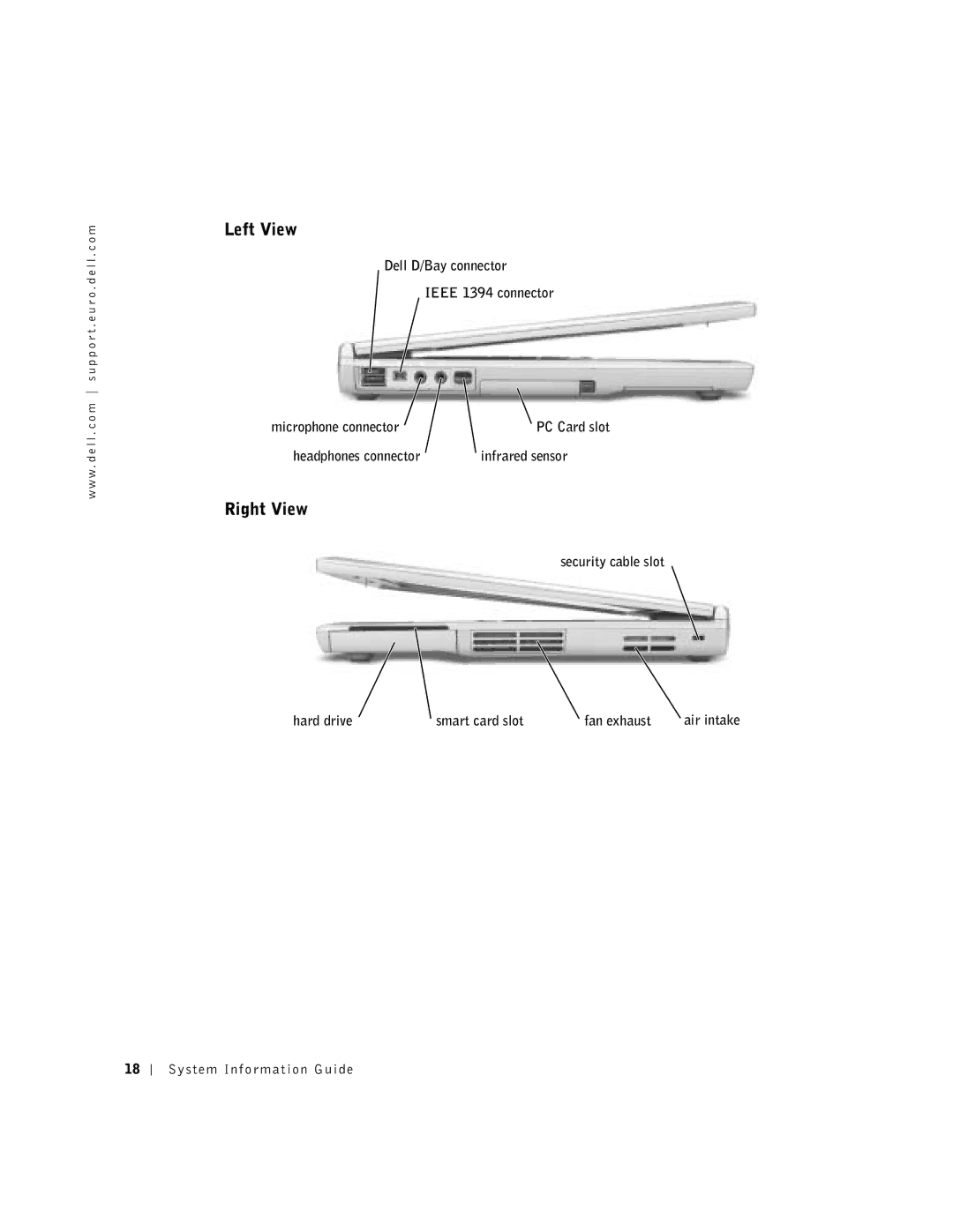 Dell D400 manual Left View, Right View, Headphones connector Infrared sensor 