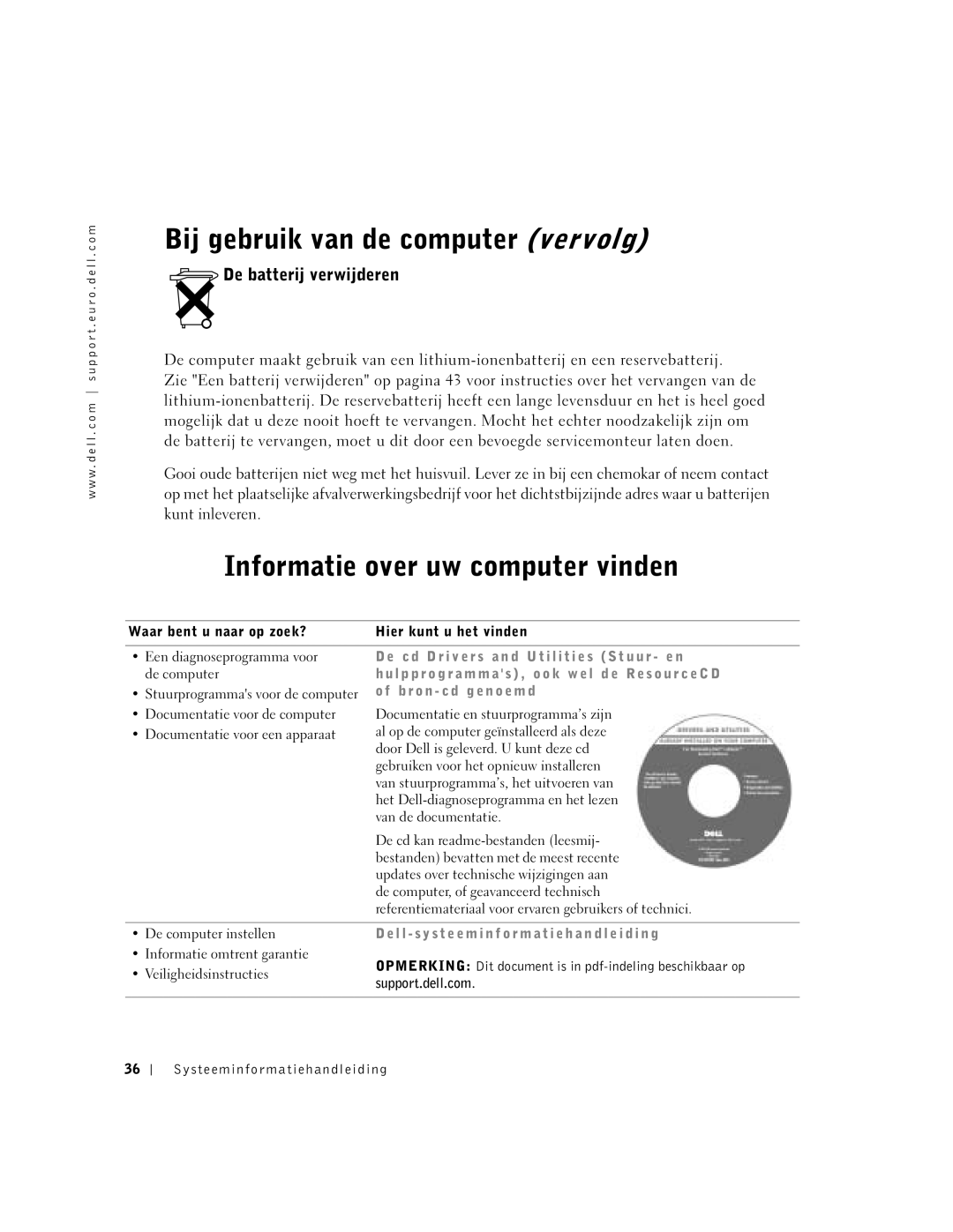 Dell D400 manual Informatie over uw computer vinden, De batterij verwijderen 