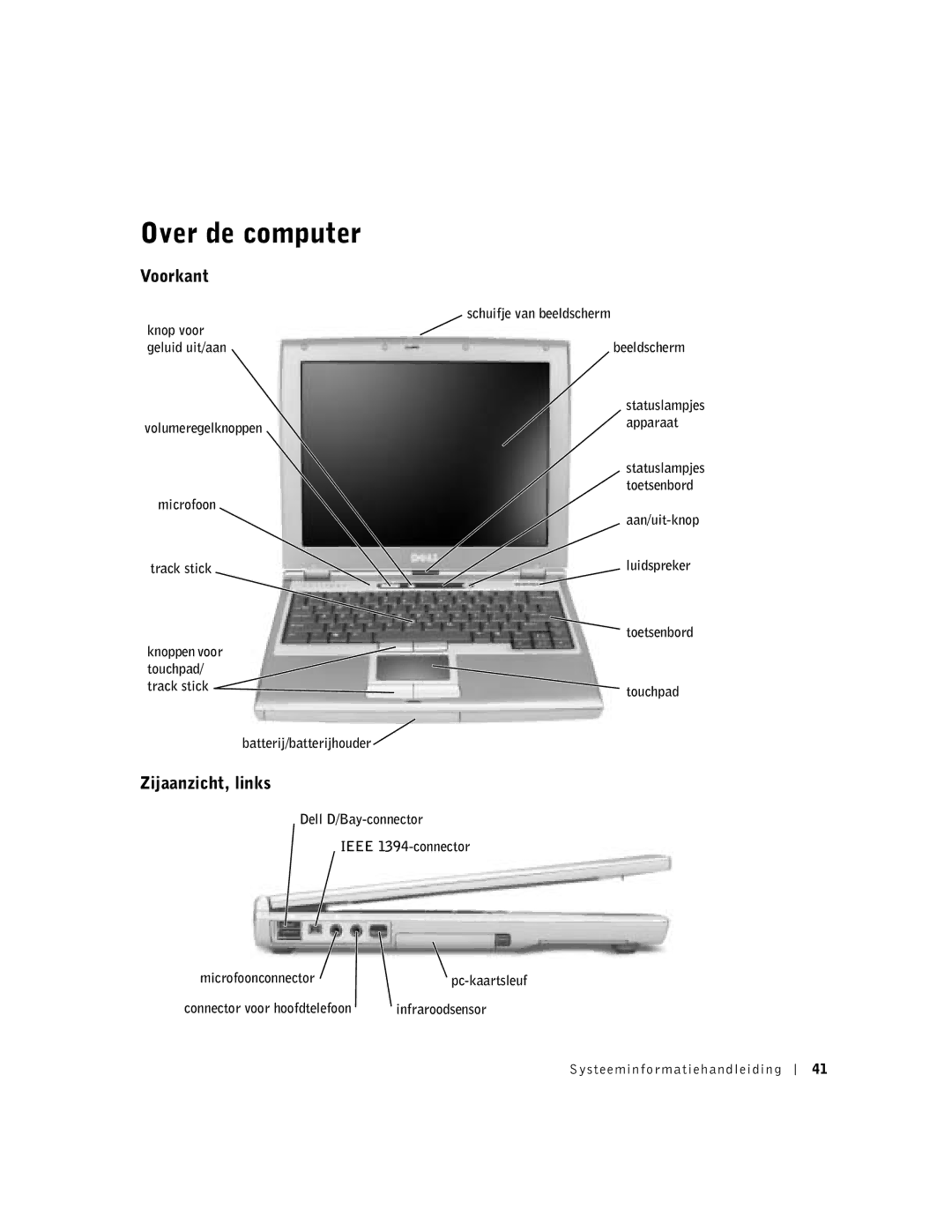 Dell D400 manual Over de computer, Voorkant, Zijaanzicht, links, Aan/uit-knop Luidspreker Toetsenbord Touchpad 