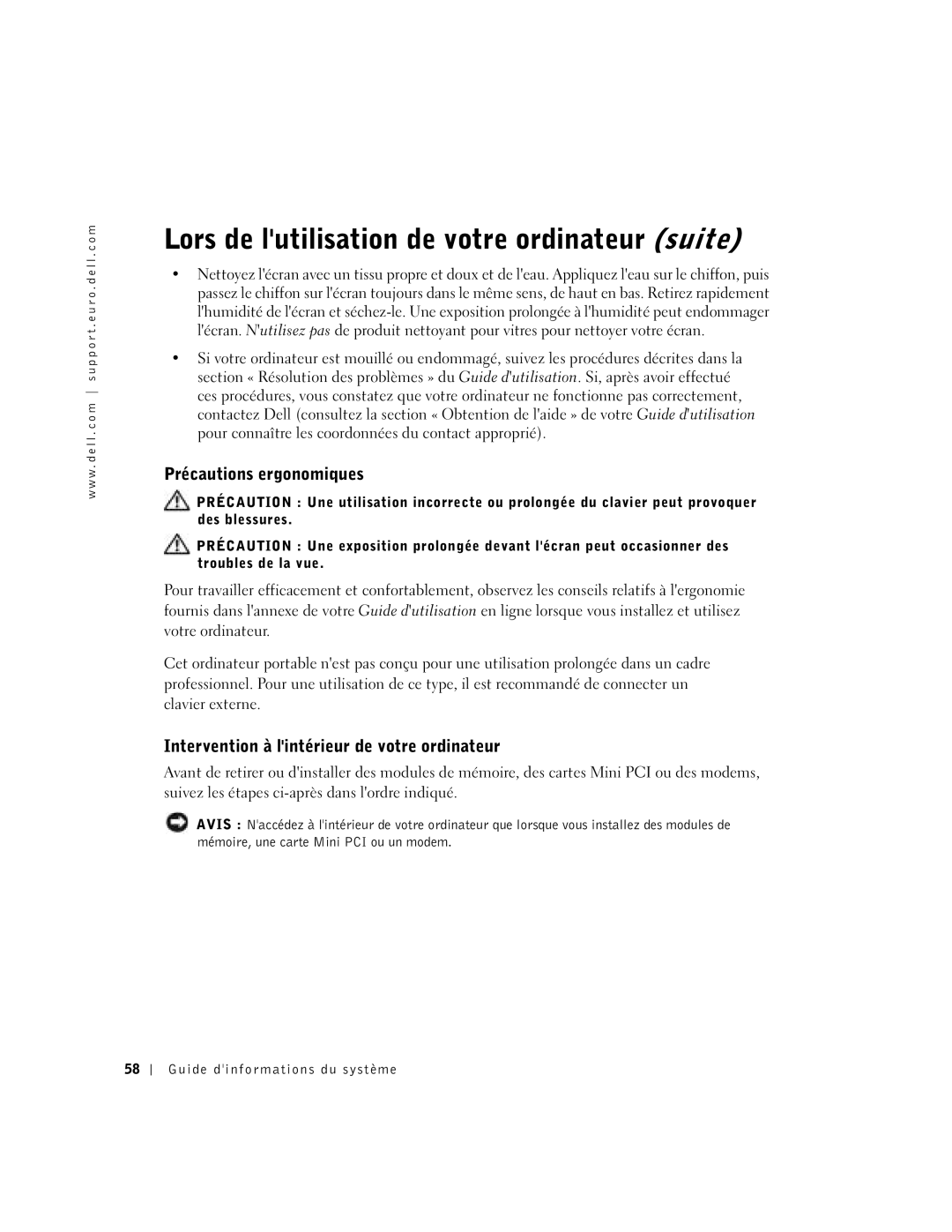 Dell D400 manual Lors de lutilisation de votre ordinateur suite, Précautions ergonomiques 