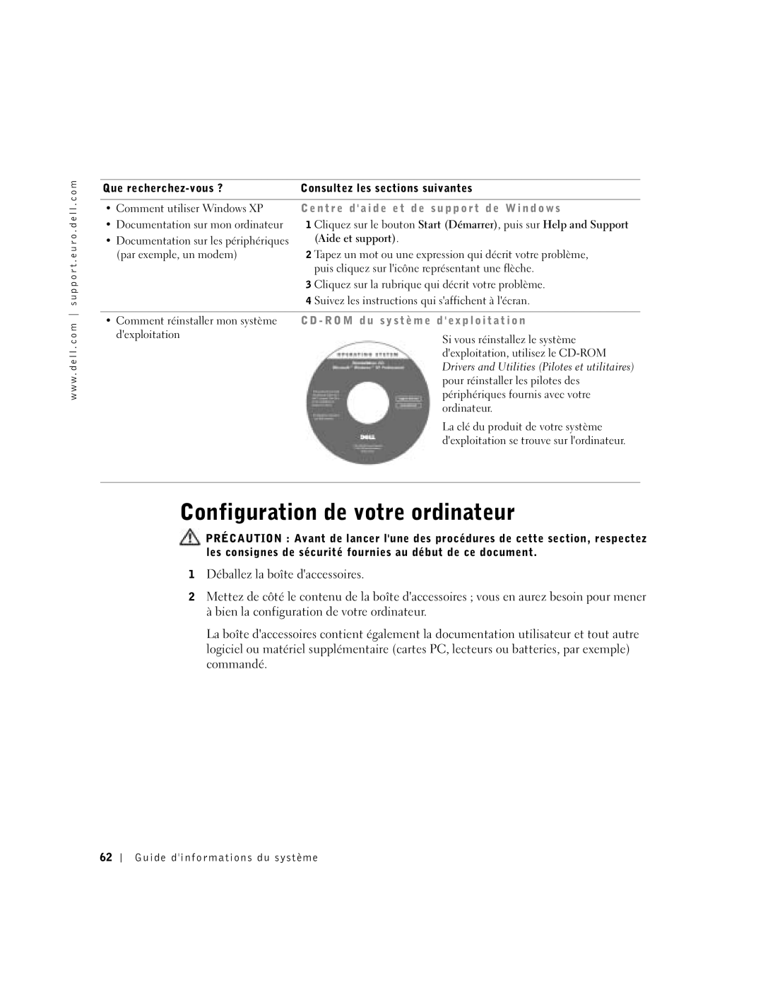 Dell D400 manual Configuration de votre ordinateur, N t r e d a i d e e t d e s u p p o r t d e W i n d o w s 