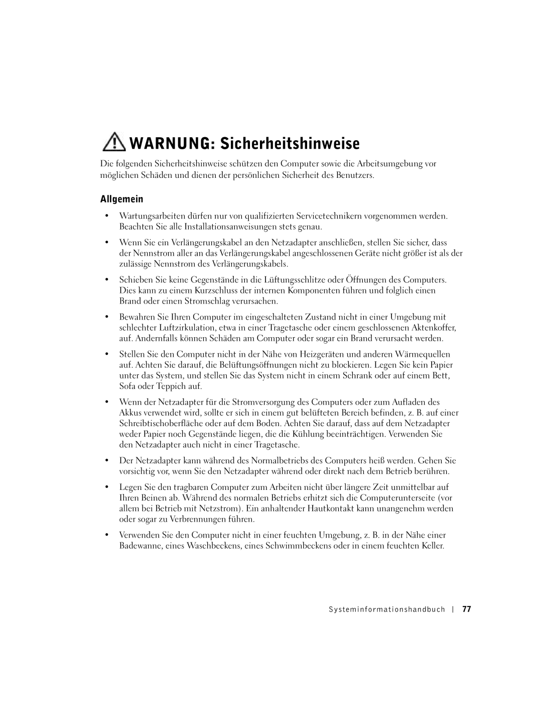 Dell D400 manual Warnung Sicherheitshinweise, Allgemein, Systeminfor mationshandbuch 