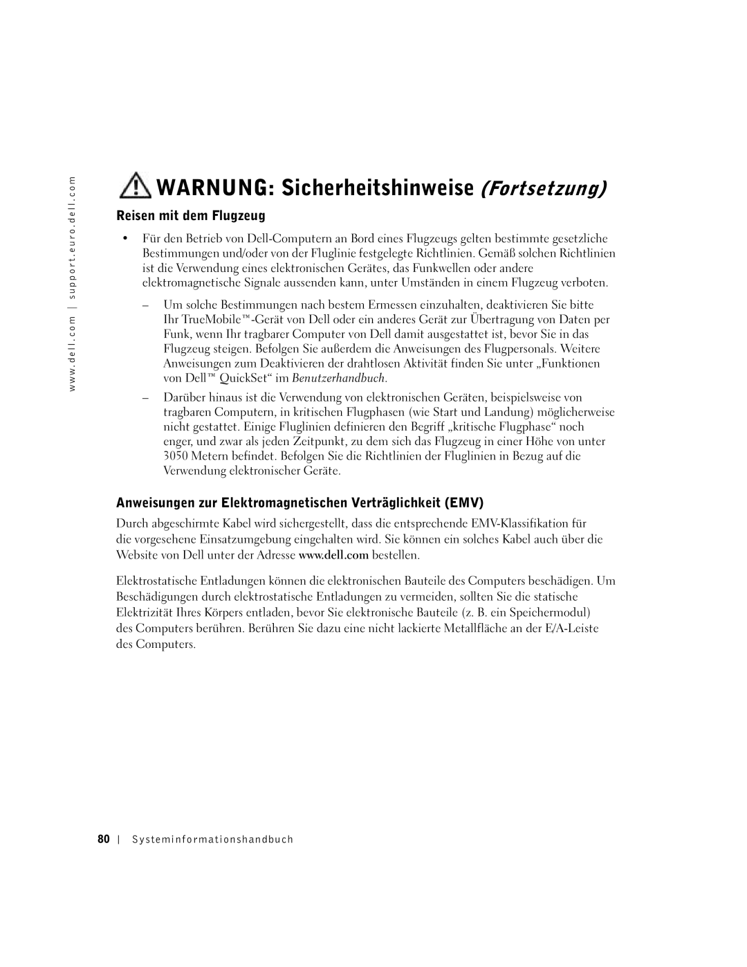 Dell D400 manual Reisen mit dem Flugzeug, Anweisungen zur Elektromagnetischen Verträglichkeit EMV 