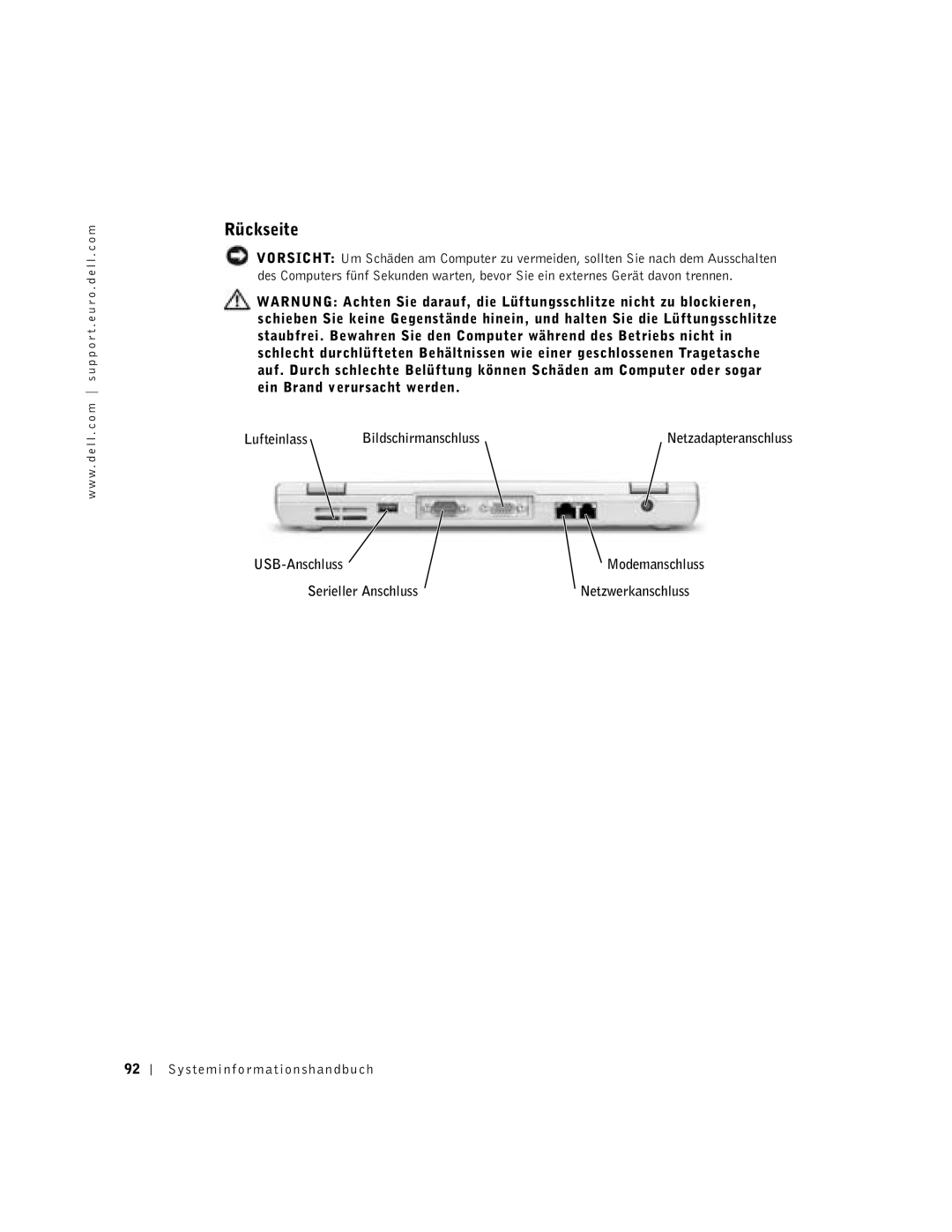 Dell D400 manual Rückseite, USB-Anschluss, Serieller Anschluss 