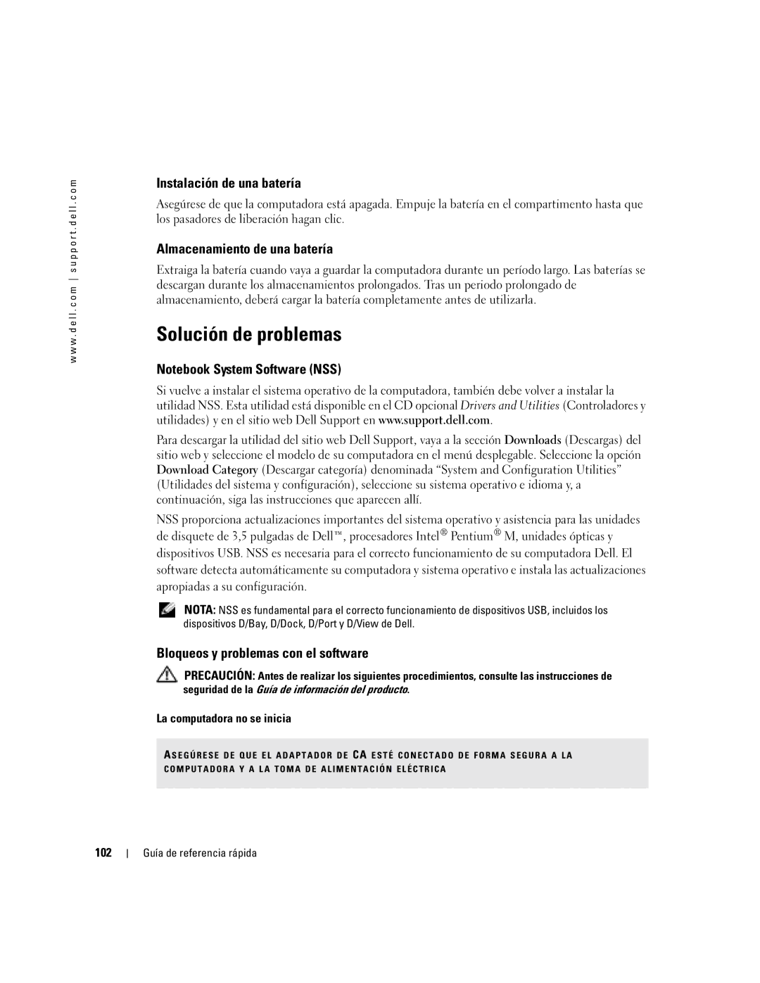 Dell D410 manual Solución de problemas, Instalación de una batería, Almacenamiento de una batería 