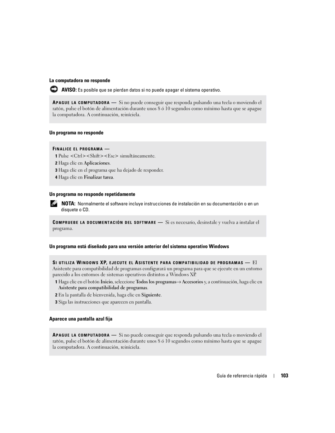 Dell D410 manual La computadora no responde, Un programa no responde repetidamente, Aparece una pantalla azul fija, 103 