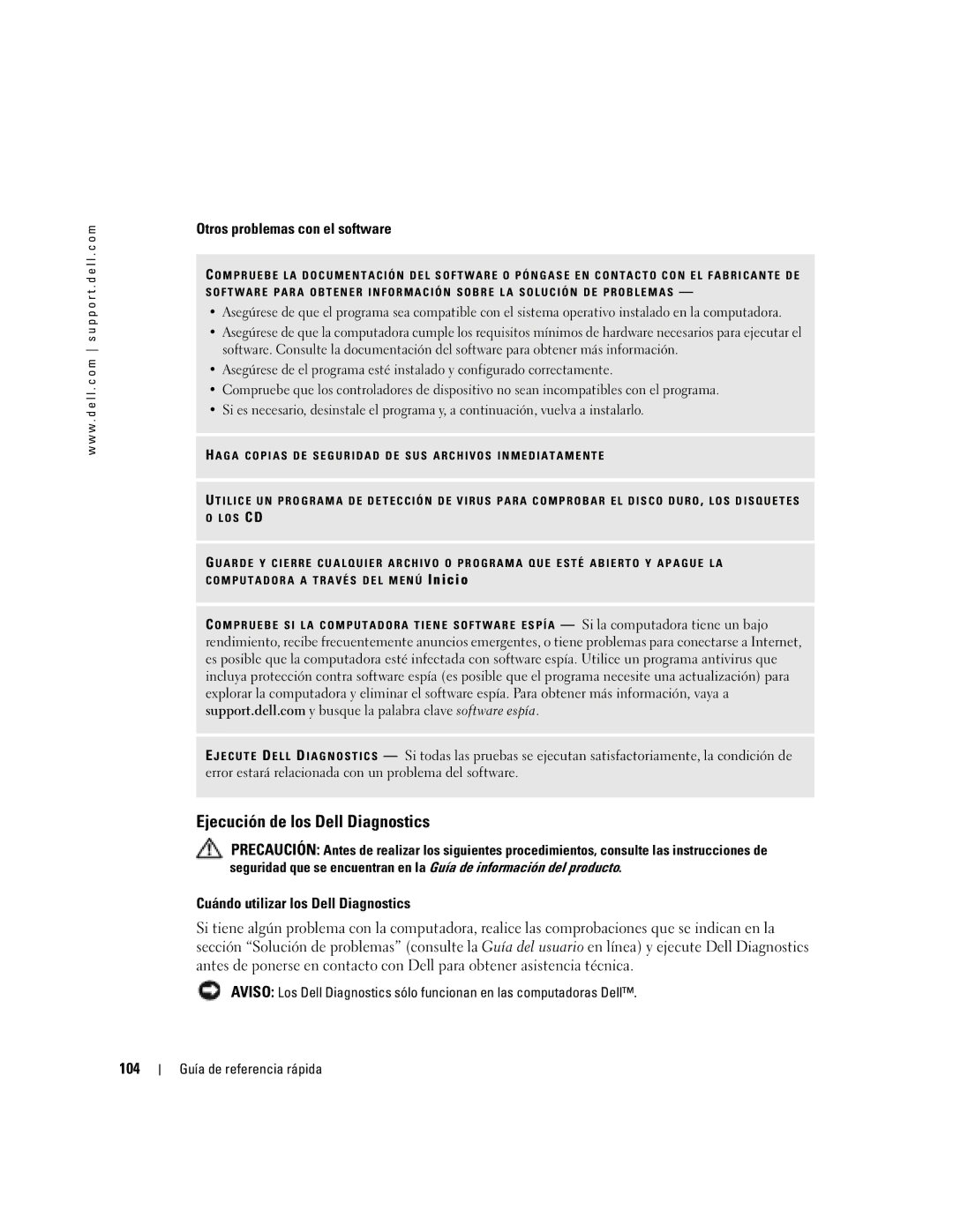 Dell D410 Ejecución de los Dell Diagnostics, Otros problemas con el software, Cuándo utilizar los Dell Diagnostics, 104 