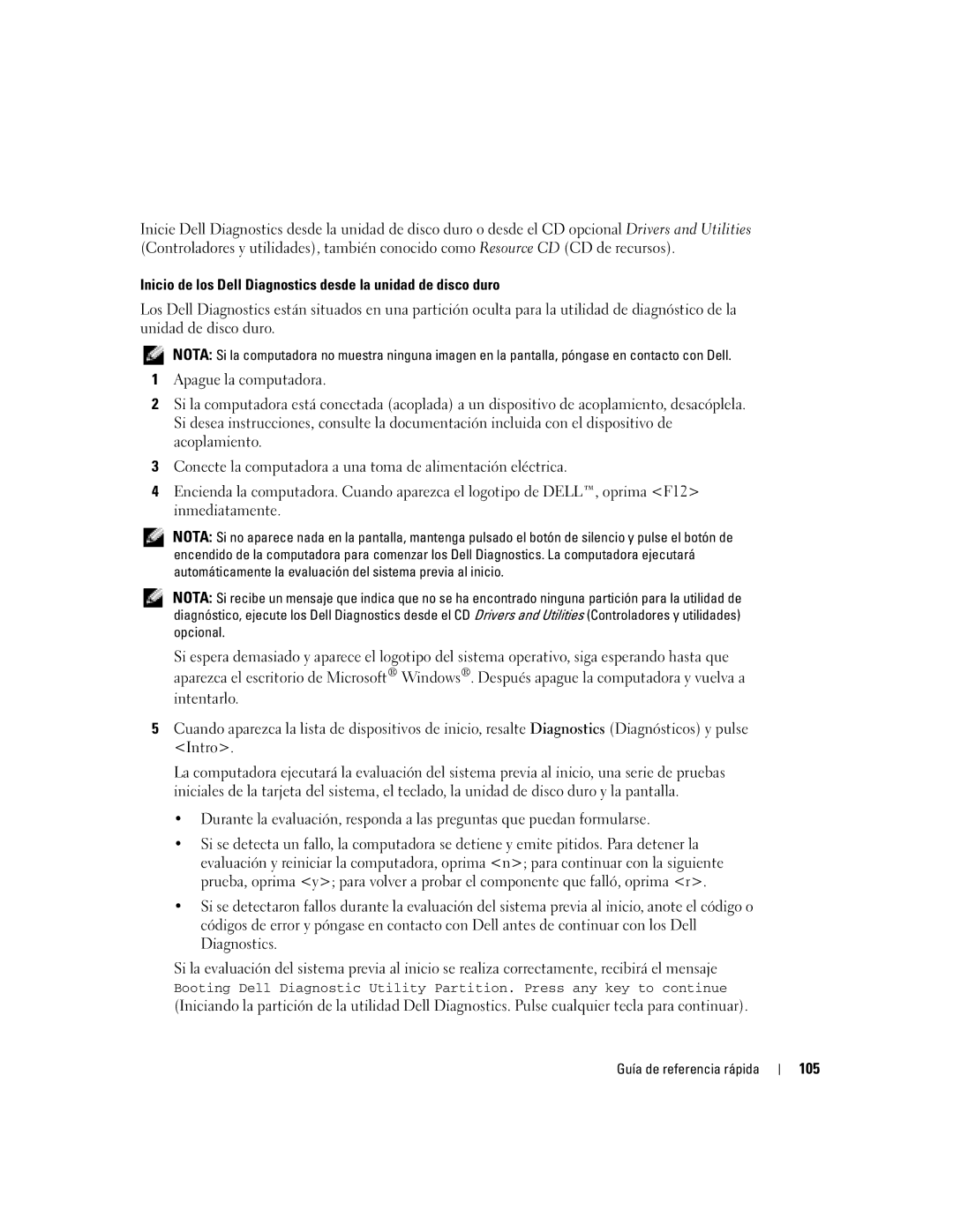 Dell D410 manual Inicio de los Dell Diagnostics desde la unidad de disco duro, 105 