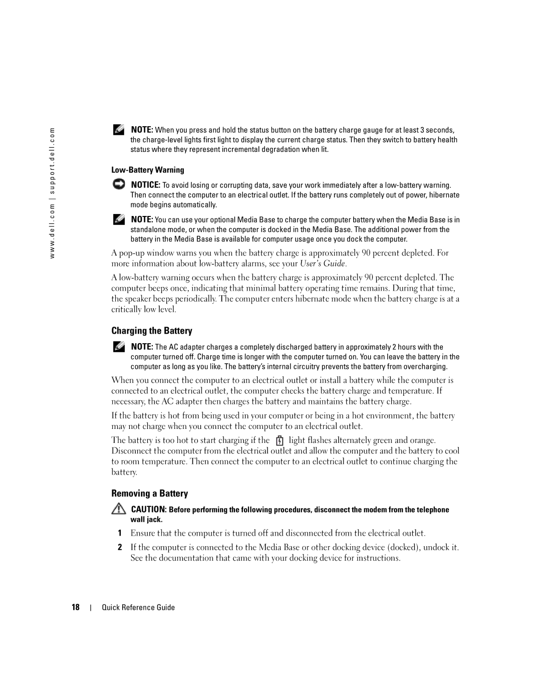 Dell D410 manual Charging the Battery, Removing a Battery 