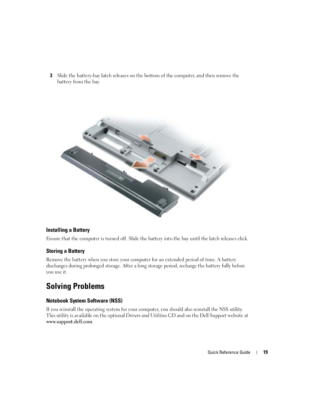 Dell D410 manual Solving Problems, Installing a Battery, Storing a Battery 