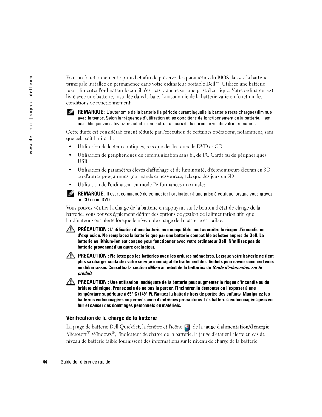 Dell D410 manual Vérification de la charge de la batterie, Usb 