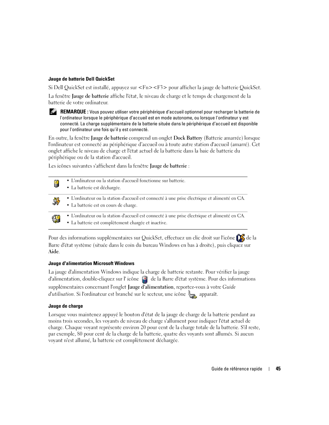 Dell D410 manual Jauge de batterie Dell QuickSet, Jauge dalimentation Microsoft Windows, Jauge de charge 