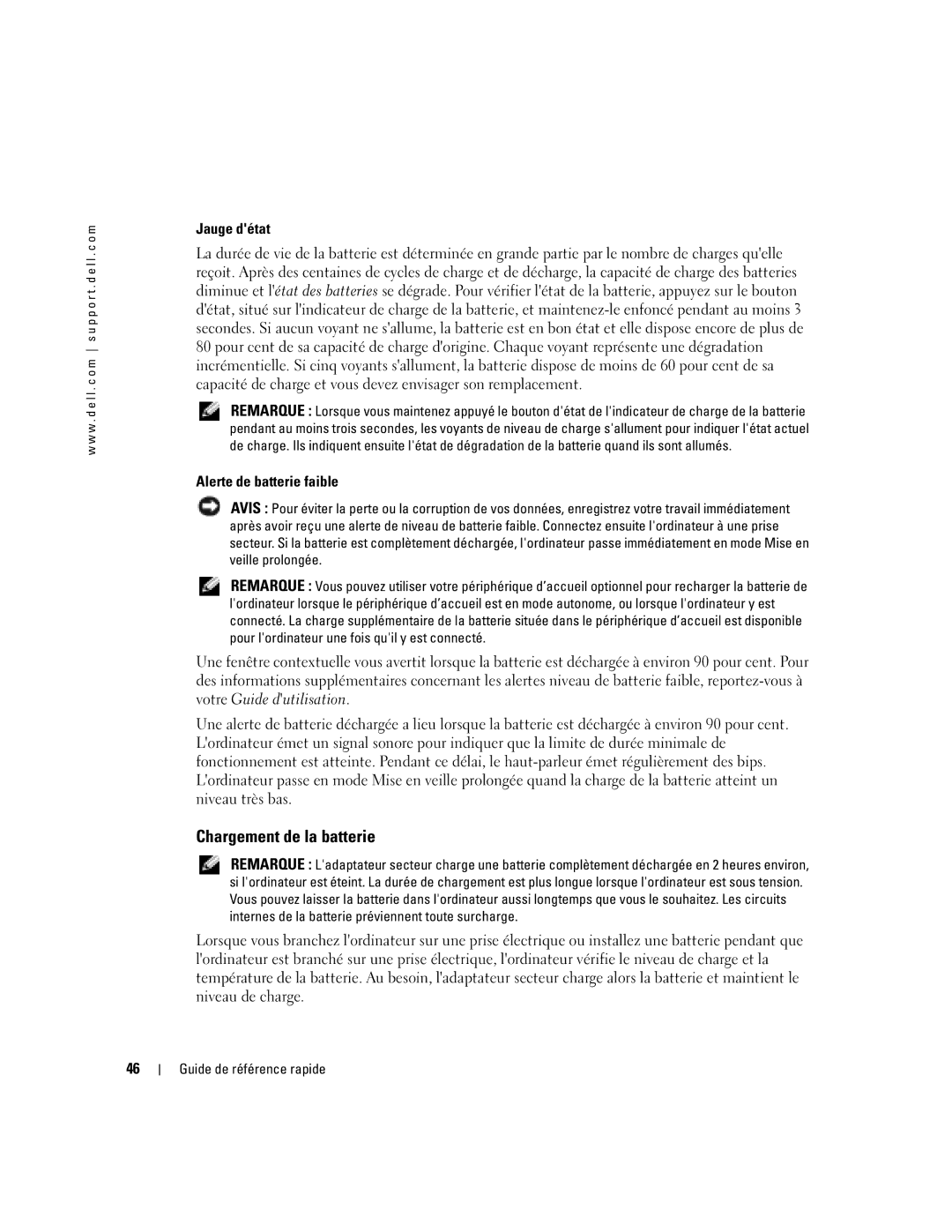 Dell D410 manual Chargement de la batterie, Jauge détat, Alerte de batterie faible 