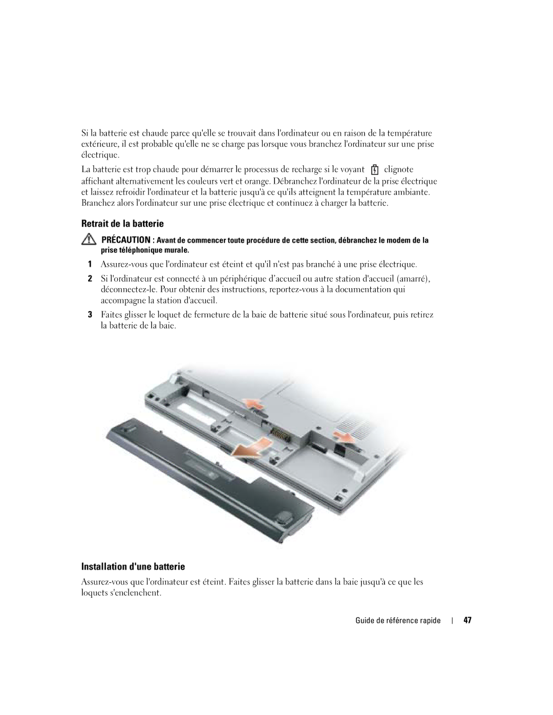 Dell D410 manual Retrait de la batterie, Installation dune batterie 