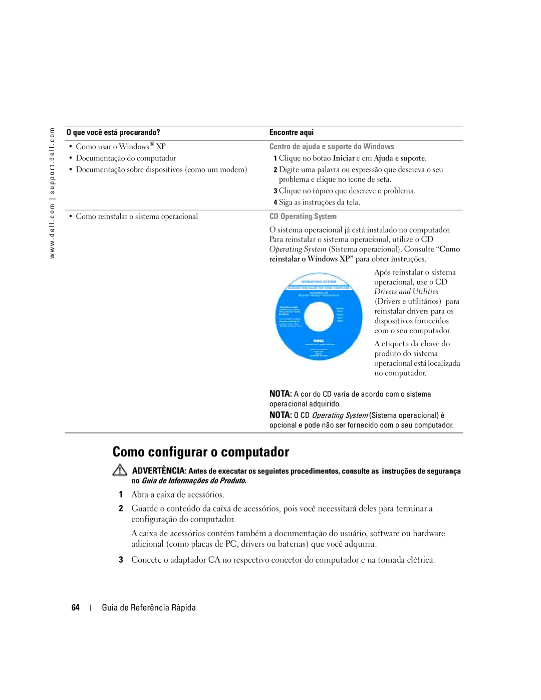 Dell D410 manual Como configurar o computador, Centro de ajuda e suporte do Windows, CD Operating System 