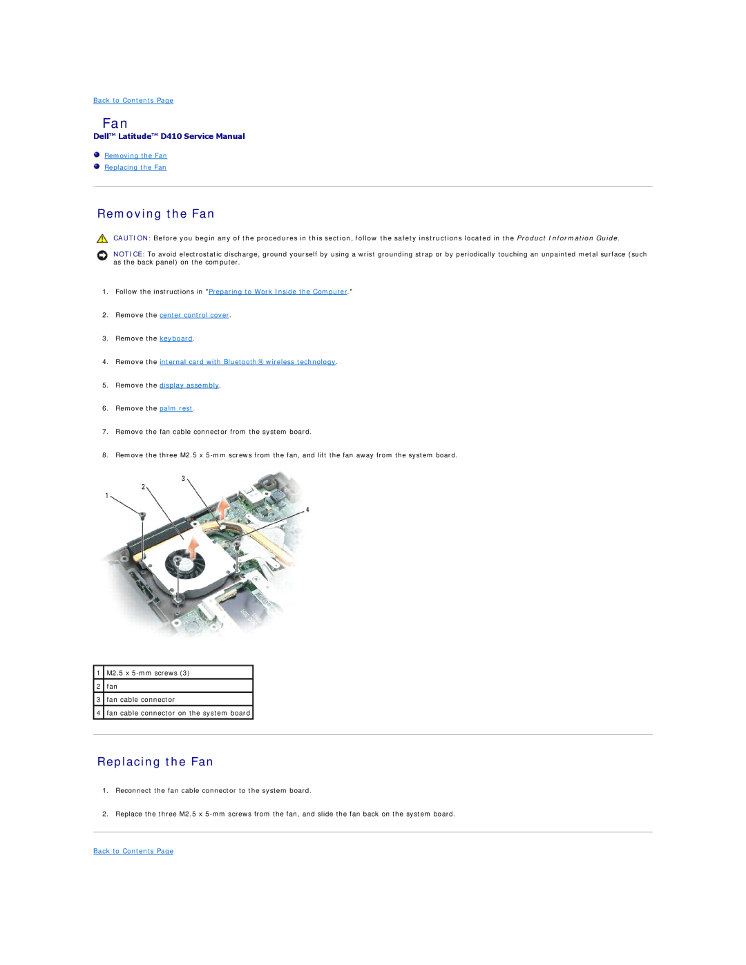 Dell D410 manual Removing the Fan, Replacing the Fan 