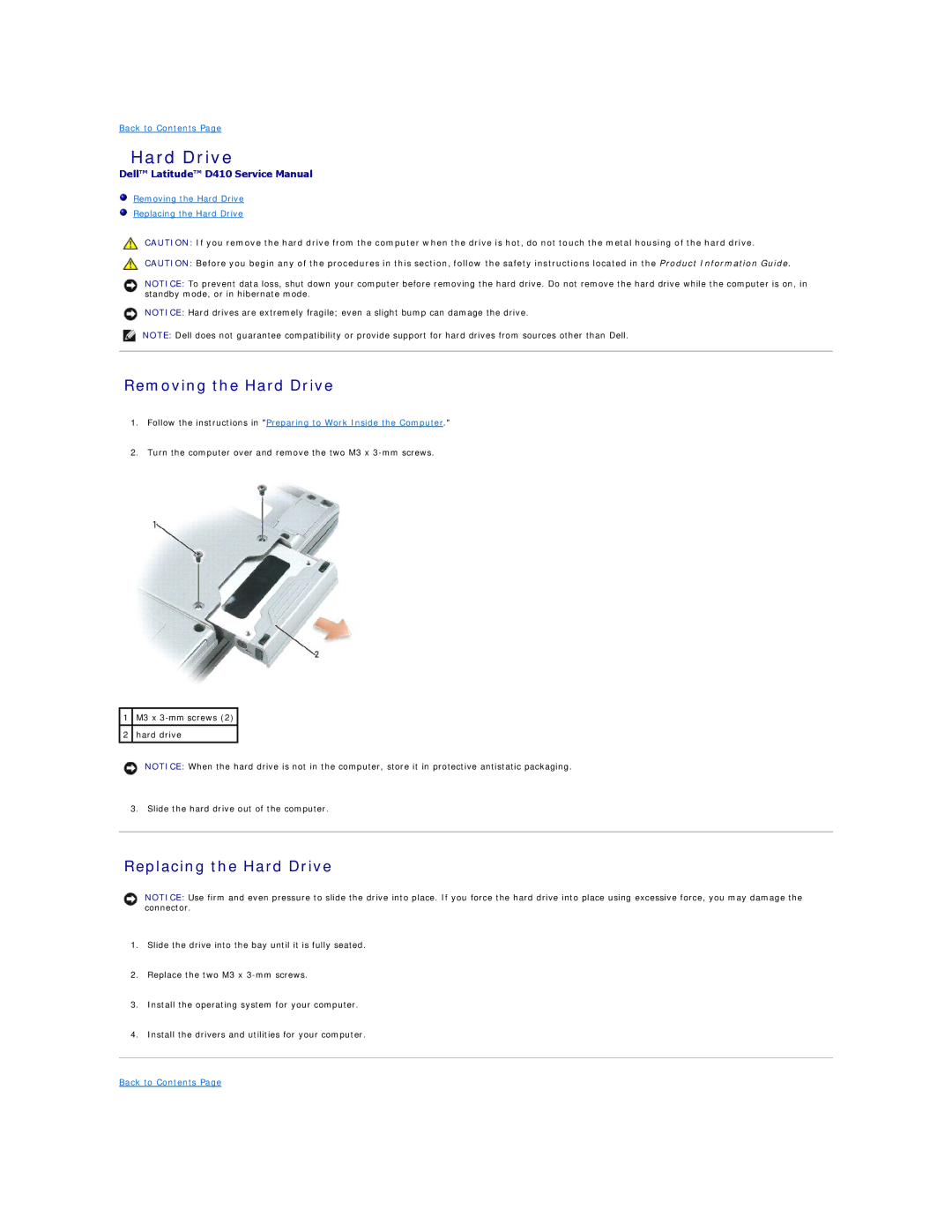 Dell D410 manual Removing the Hard Drive, Replacing the Hard Drive 