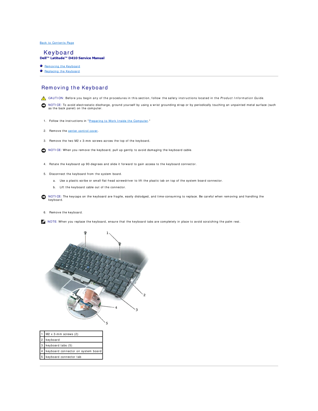 Dell D410 manual Removing the Keyboard 