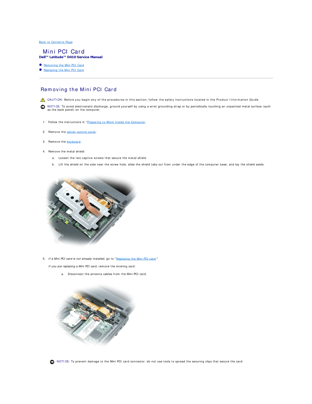 Dell D410 manual Removing the Mini PCI Card 