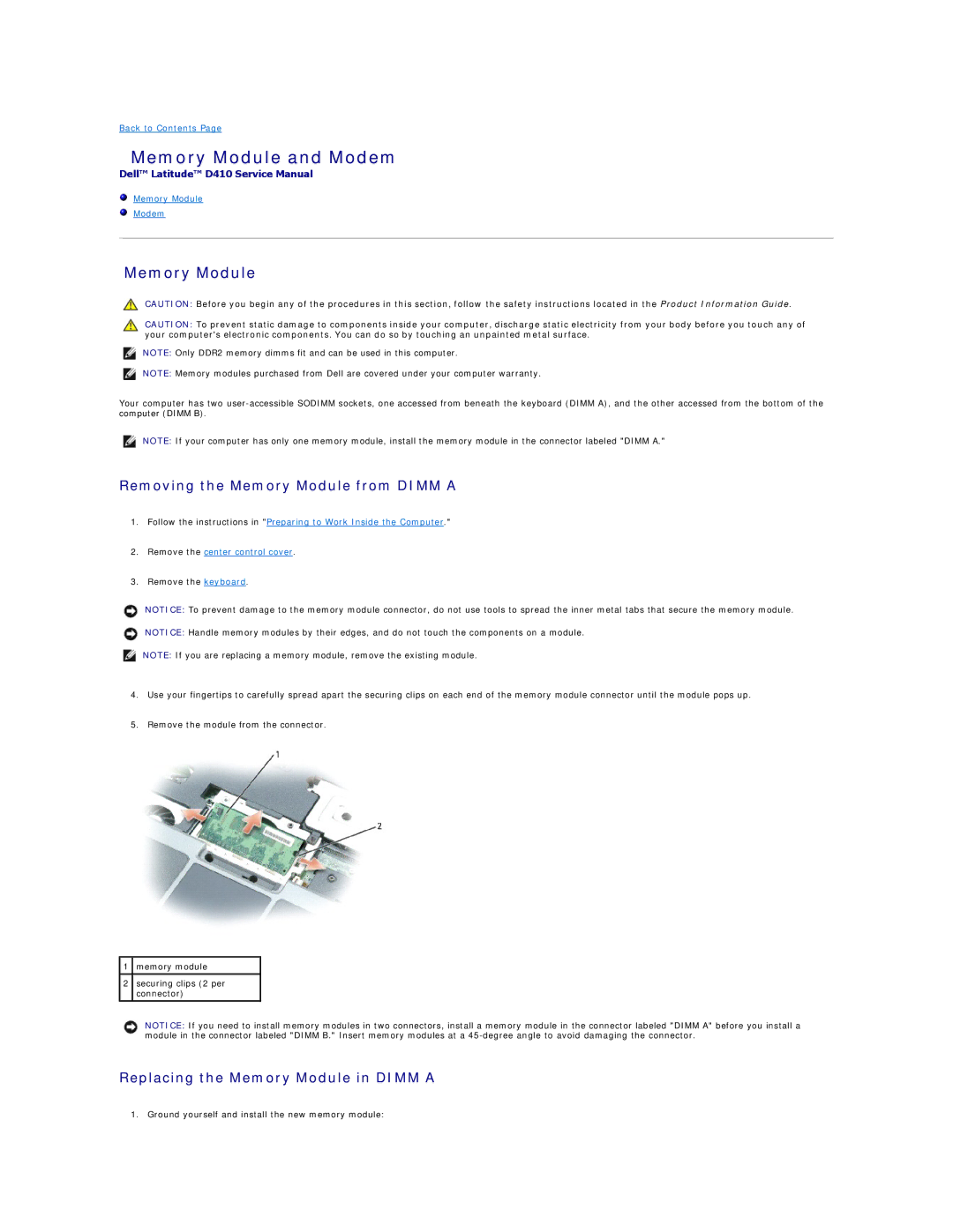 Dell D410 manual Memory Module and Modem 