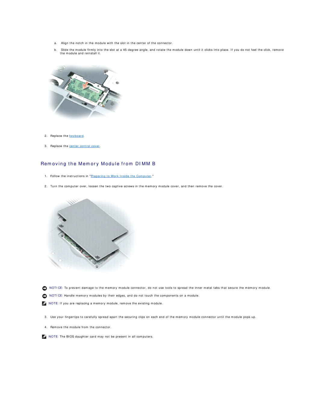 Dell D410 manual Removing the Memory Module from Dimm B 