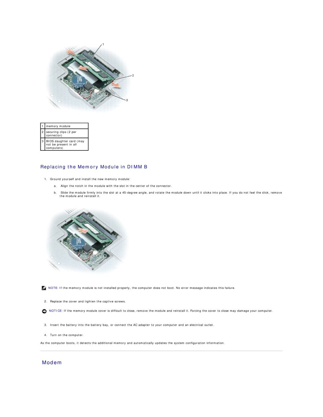 Dell D410 manual Modem, Replacing the Memory Module in Dimm B 