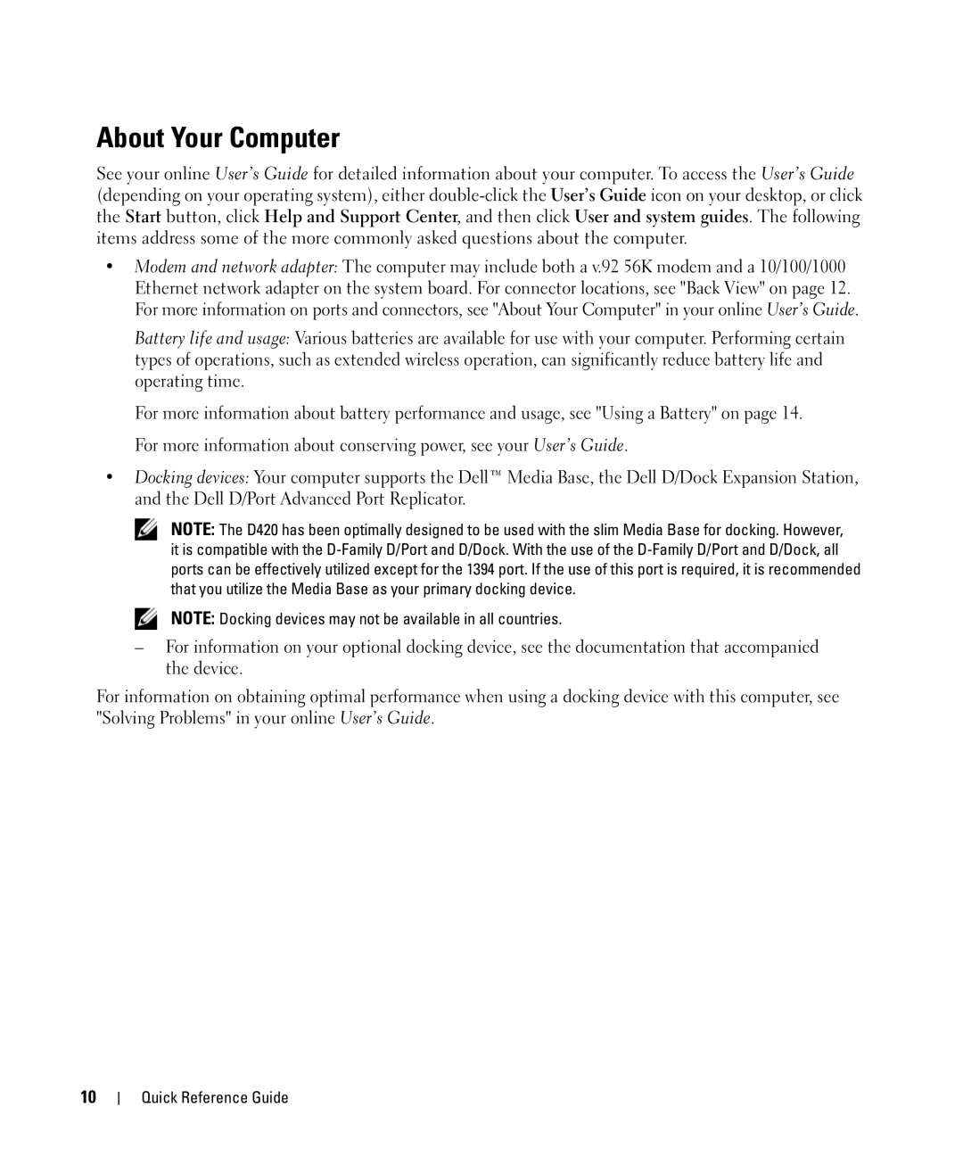 Dell D420 manual About Your Computer 